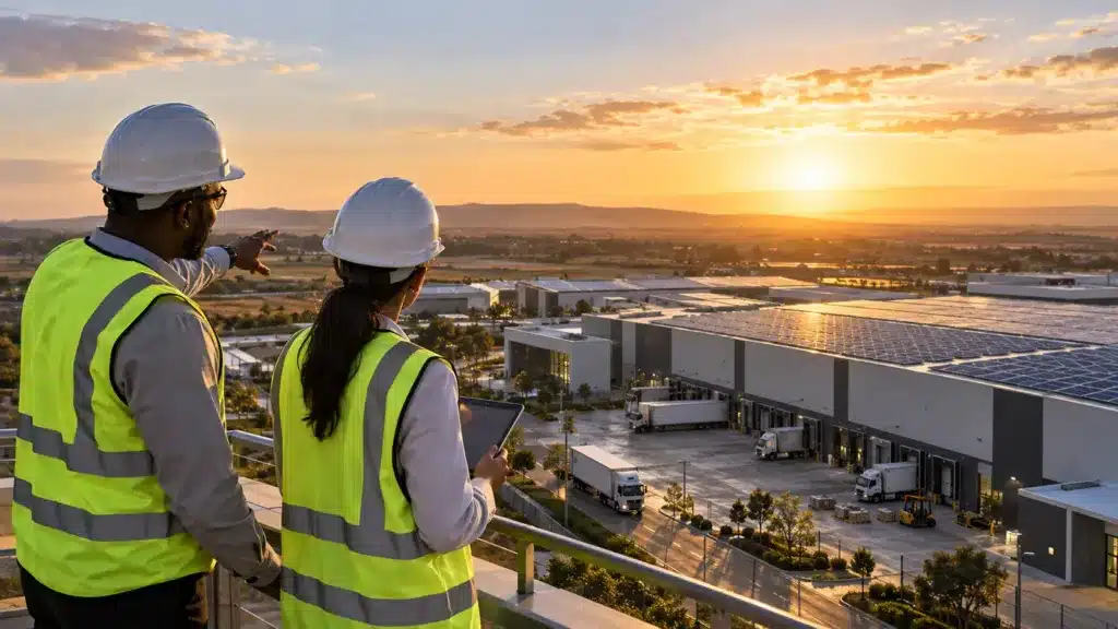 engineers on a roof looking over a solar powered logistics park
