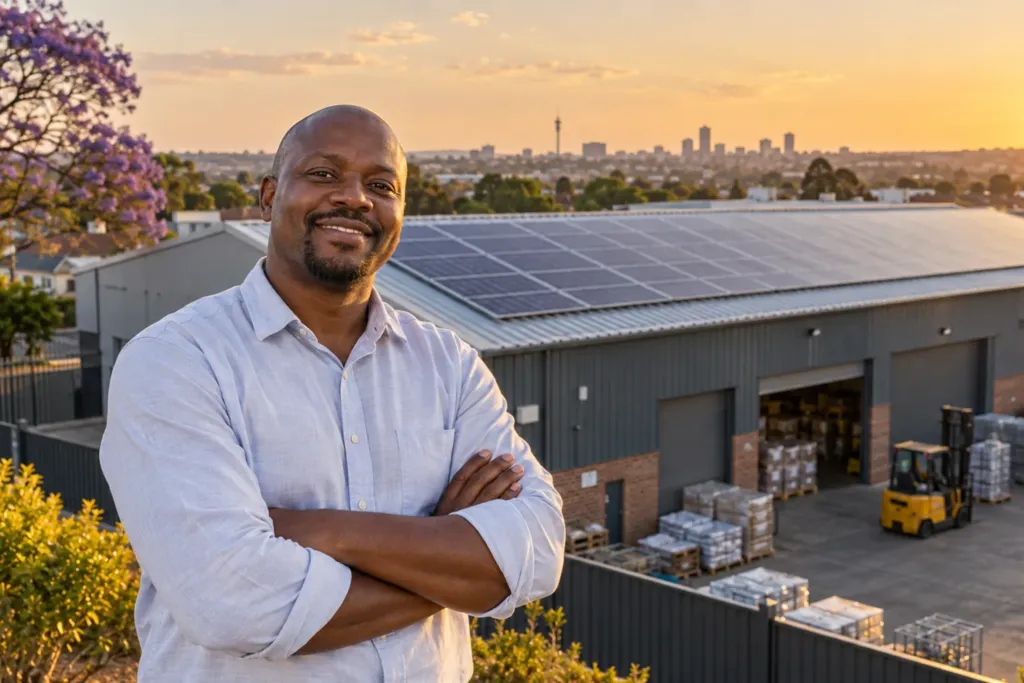 A business owner with folded arms stands in front of his warehouse, which has solar panels on the roof.