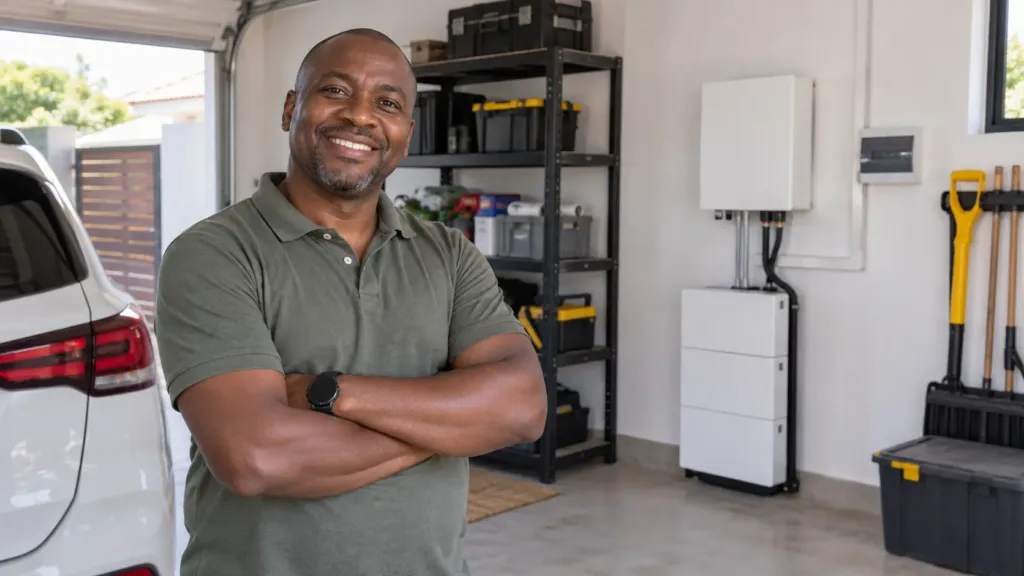 A smiling homeowner with folded arms in his garage, with a wall mounted inverter and battery behind him.