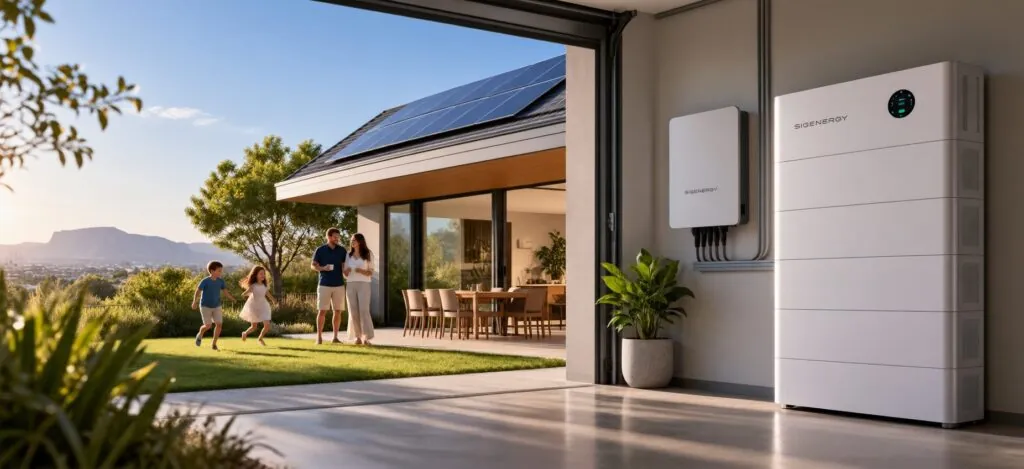 Sigenergy battery and inverter on a garage wall, with a family in the garden outside.