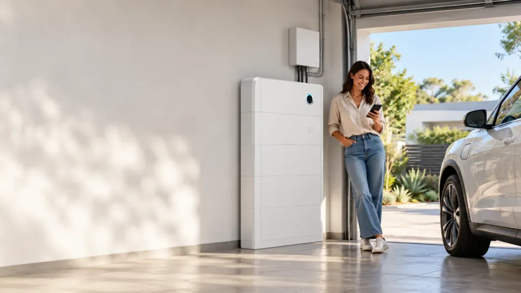 homeowner checking a home battery app beside a white stacked battery in a garage