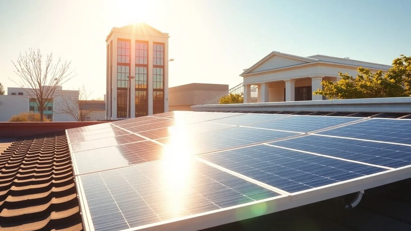 Solar panels on a rooftop in a city