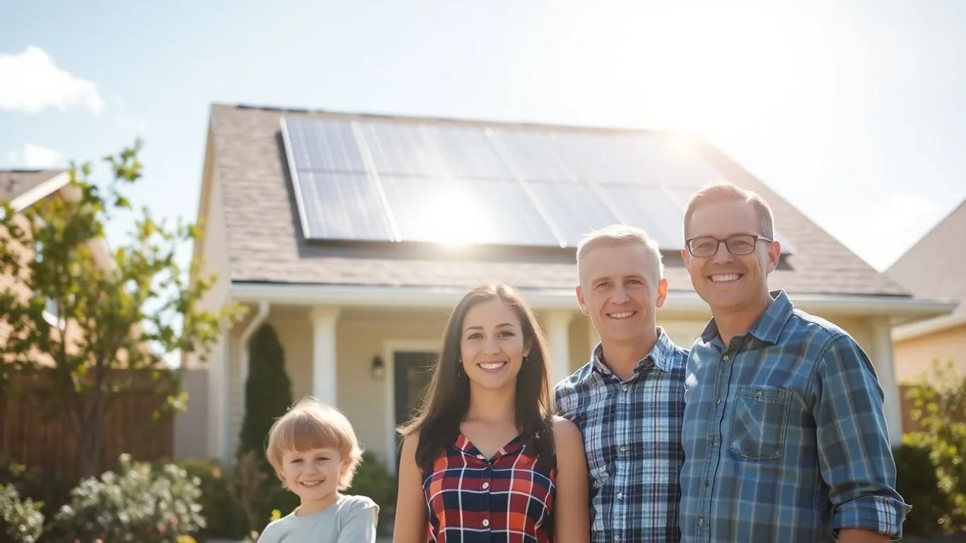 Home with solar panels and happy family